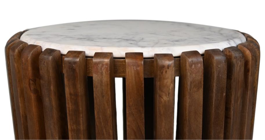 Table basse ronde en bois de manguier et marbre blanc - ø45x50